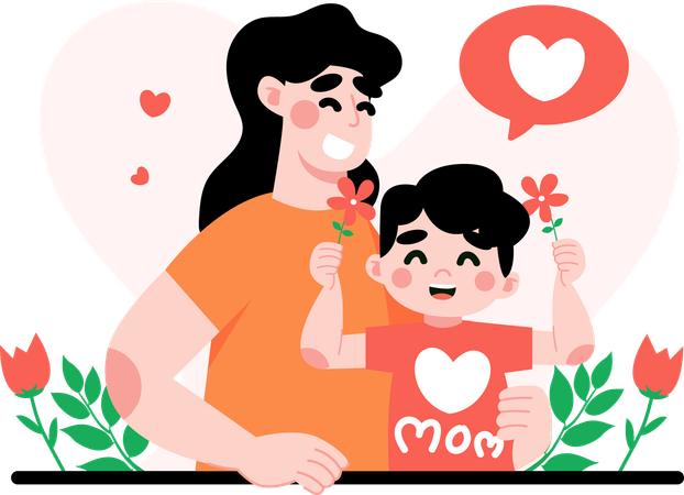 Child gives gift of flowers to his mother  Illustration