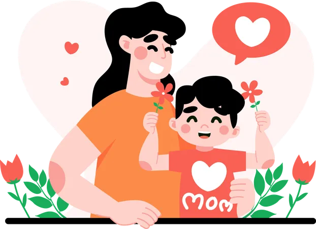 Child gives gift of flowers to his mother  Illustration