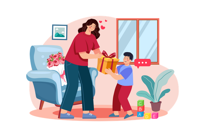 Child giving gift to mother on woman's day  Illustration
