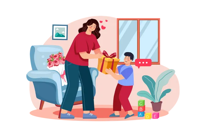 Child giving gift to mother on woman's day  Illustration