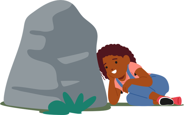 Child Happily Hiding Behind  Large Rock During  Game Of Hide And Seek  Illustration