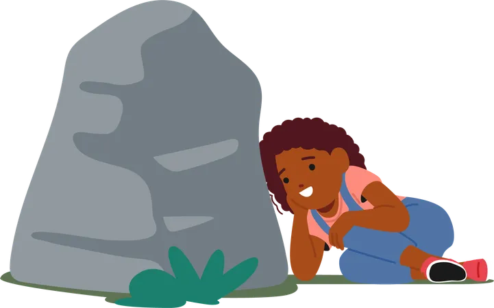 Child Happily Hiding Behind  Large Rock During  Game Of Hide And Seek  Illustration