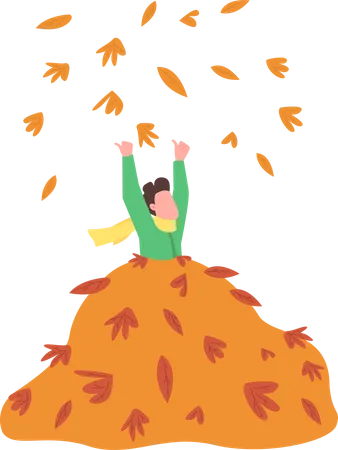 Child happy in leaves pile Illustration