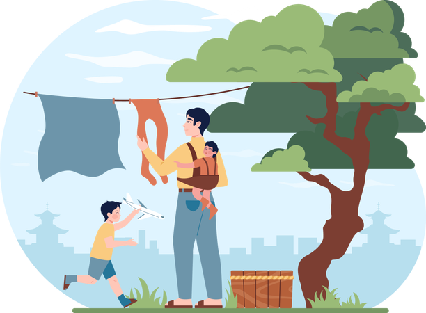 Child helps her mother to dry clothes  Illustration
