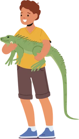 Child Joyfully Holding A Varan Pet Face Filled With Excitement And Curiosity Bond Between The Kid And Reptile Is Evident In Affectionate Interaction Character Cartoon People Vector Illustration Illustration