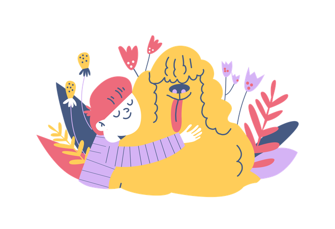 Child hugging his dog pet  Illustration