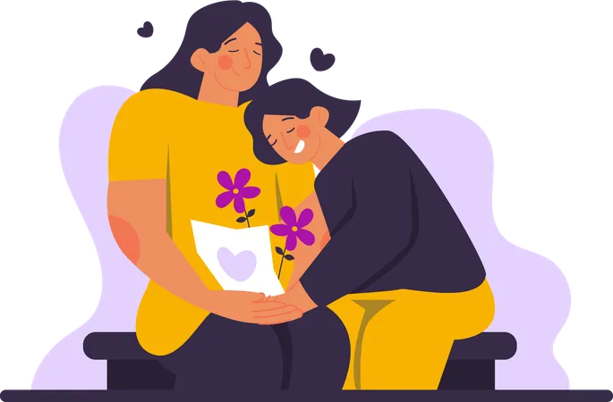 Child Hugging Mother And Giveing Her Flowers  Illustration