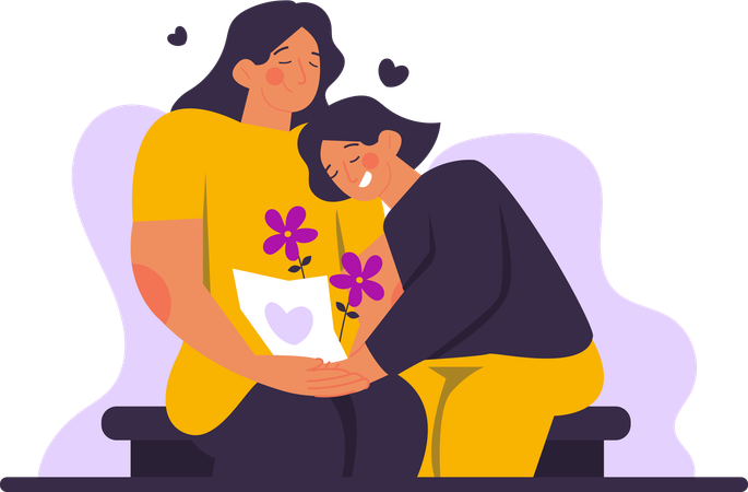 Child Hugging Mother And Giveing Her Flowers  Illustration