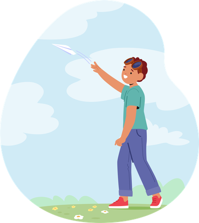 Child In Aviator Goggles Launches Paper Airplane Into Sky  Illustration