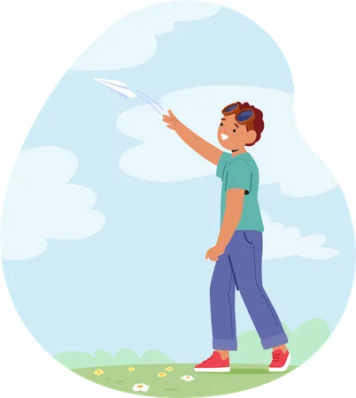 Child In Aviator Goggles Launches Paper Airplane Into Sky  Illustration