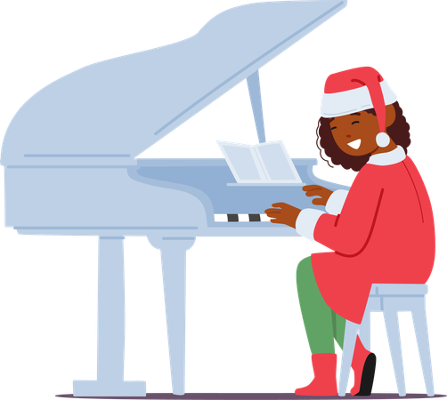Child In Festive Christmas Costume Plays Grand Piano  Illustration