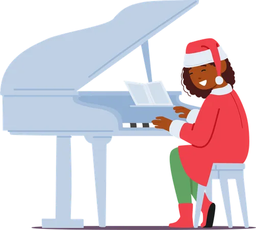 Child In A Festive Christmas Costume Plays A Grand Piano Cheerful Black Girl Character Filling The Room With Joyful Holiday Tunes And Spreading Cheer Cartoon People Vector Illustration Illustration
