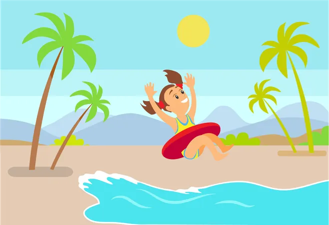 Happy Smiling Girl Wearing Swimsuit Jumping In Water With Hands Up Summertime Landscape Teenager In Inflatable Circle Mountains And Palm Trees Vector Illustration