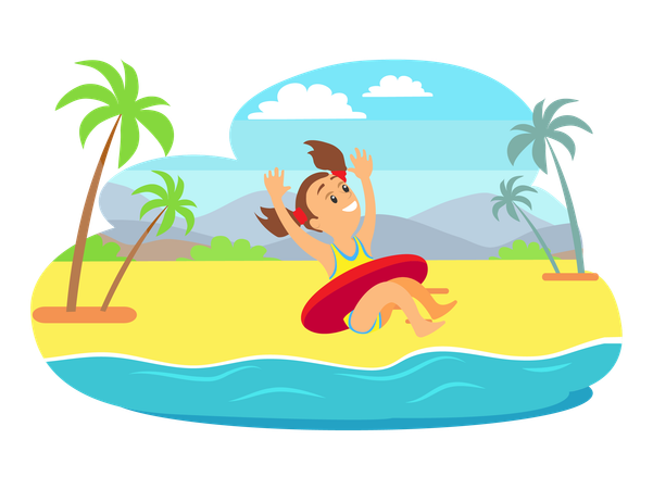 Child in inflatable tube jumping in sea  Illustration