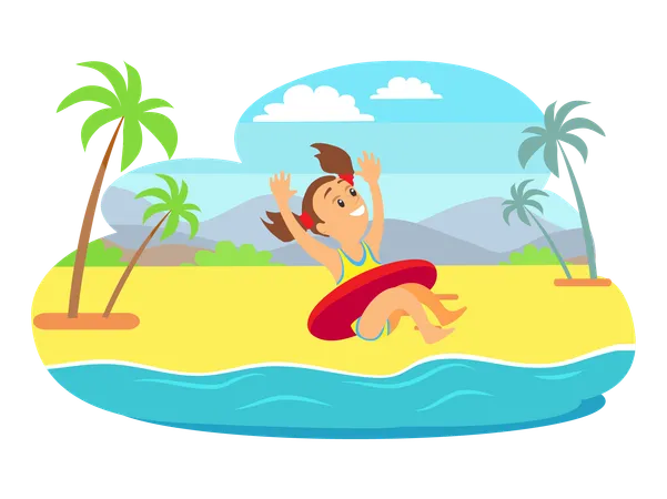 Brunette Smiling Girl Wearing Swimsuit Jumping In Water With Hands Up Teenager In Inflatable Circle Mountain Landscape And Palm Trees Cloudy Sky Vector Illustration