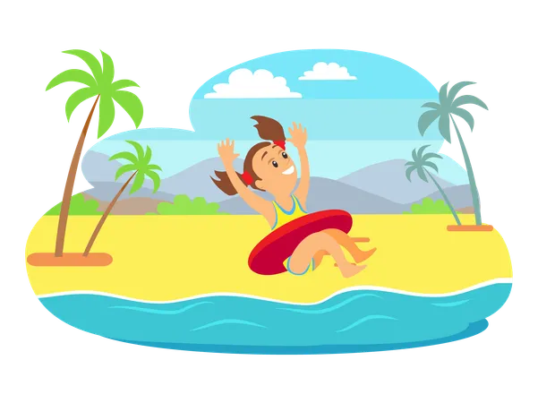 Child in inflatable tube jumping in sea  Illustration