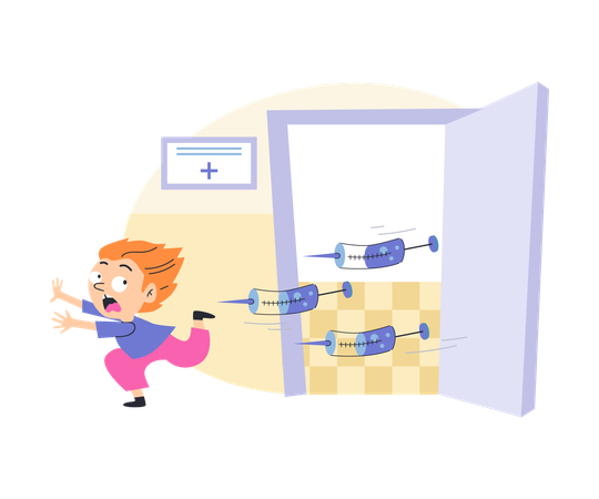 Child in panic runs out of medical office  Illustration