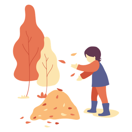 Child in park collecting tree leaves Illustration