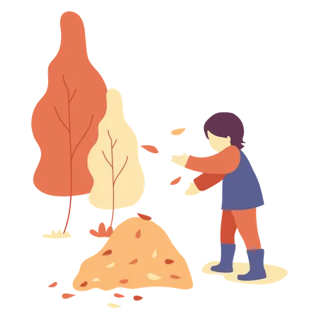 Child in park collecting tree leaves Illustration