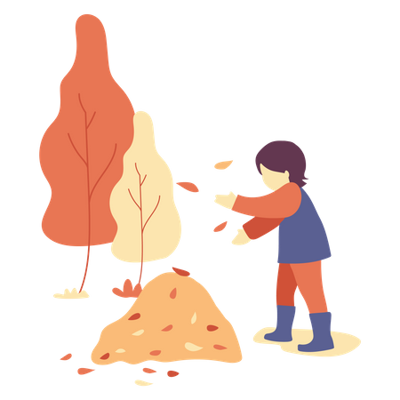 Child in park collecting tree leaves  Illustration