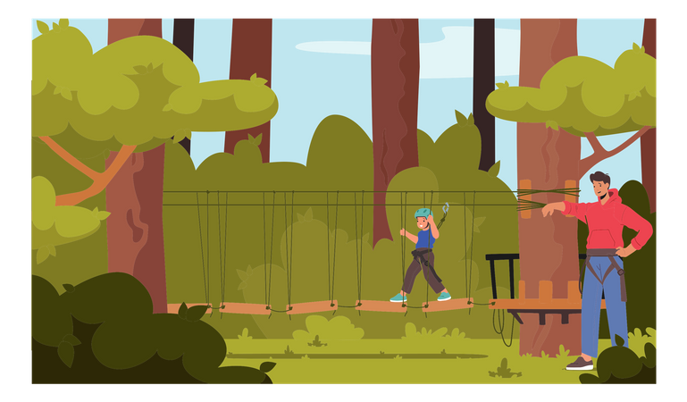 Child In Safety Harness Pass Hanging Bridge In Rope Park  Illustration