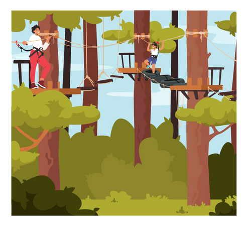 Child In Safety Harness Pass Hanging Bridge Obstacle In Adventure Rope Park  Illustration