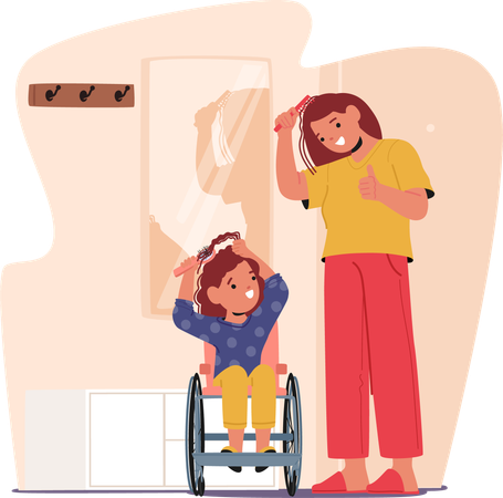 Child In Wheelchair Brushing Hair With Assistance Of Parent  Illustration