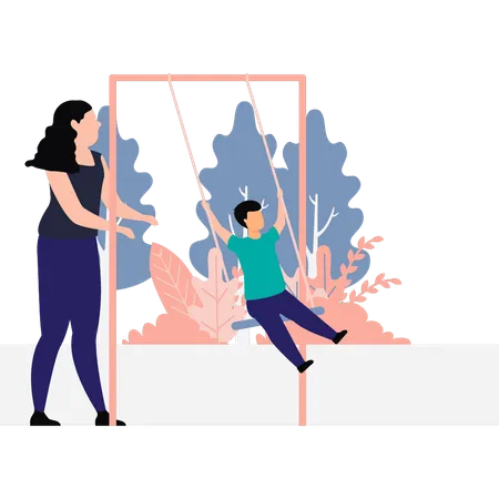 The Child Is Riding On The Swing In The Park Illustration