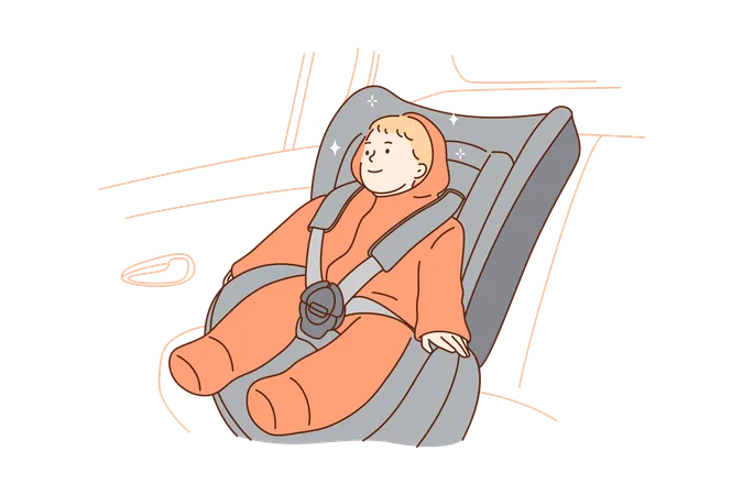 Transportation Safety Childhood Concept Young Hapy Smiling Child Kid Boy Infant Toddler Cartoon Character Sitting In Special Baby Car Seat In Automobile Children Security In Transport Vehicle Illustration