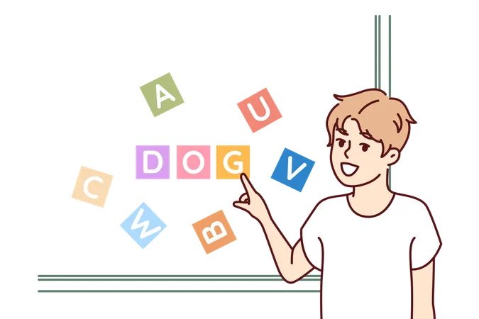Child Is Studying Letters From Alphabet To Learn How To Read And Stands Near Blackboard Pointing Finger At Word Dog Education For Children And Study Alphabet To Prepare For Entry Into School Illustration