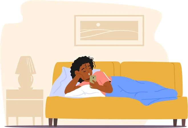Child Character Engrossed In Smartphone Cocooned In Bed Bathed In The Glow Of The Screen Captivated By The Digital World Oblivious To The Night Around Them Cartoon People Vector Illustration Illustration