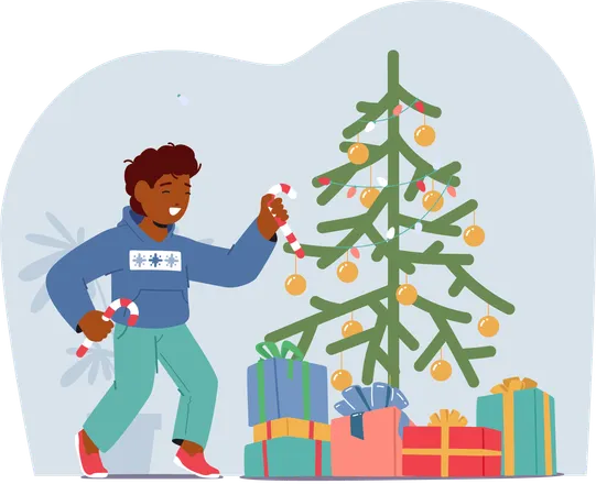 Child Joyfully Adorns The Christmas Tree With Colorful Ornaments  Illustration