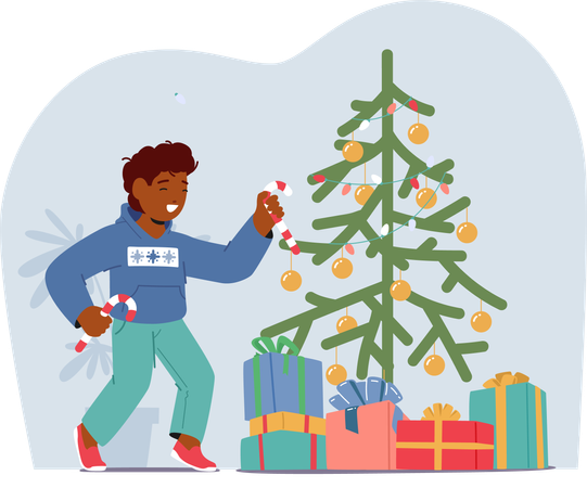 Child Joyfully Adorns The Christmas Tree With Colorful Ornaments  Illustration