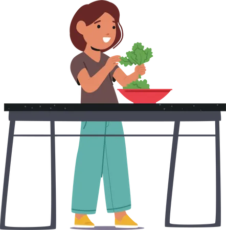Child Joyfully Preparing Salad With Fresh Ingredients Young Character Showcasing Curiosity And Creativity In The Kitchen While Learning Valuable Cooking Skills Cartoon People Vector Illustration Illustration
