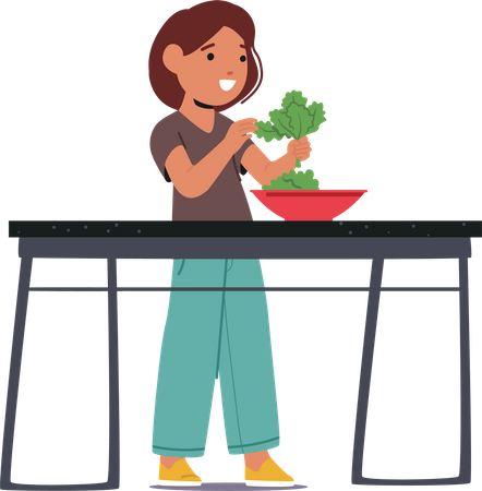 Child Joyfully Preparing Salad With Fresh Ingredients  Illustration