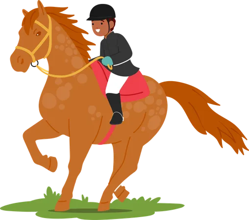 Child Joyfully Rides A Gentle Horse Small Hands Gripping The Reins With Excitement Rhythmic Trot Creates A Magical Bond Between Young Rider And Equine Companion Cartoon People Vector Illustration Illustration
