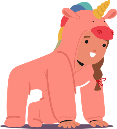 Child Joyfully Wearinf Unicorn-themed Kigurumi Pajama  일러스트레이션