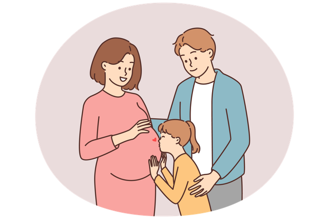 Child kisses belly of pregnant mother  Illustration