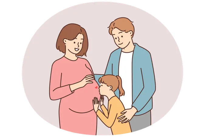 Child kisses belly of pregnant mother  Illustration