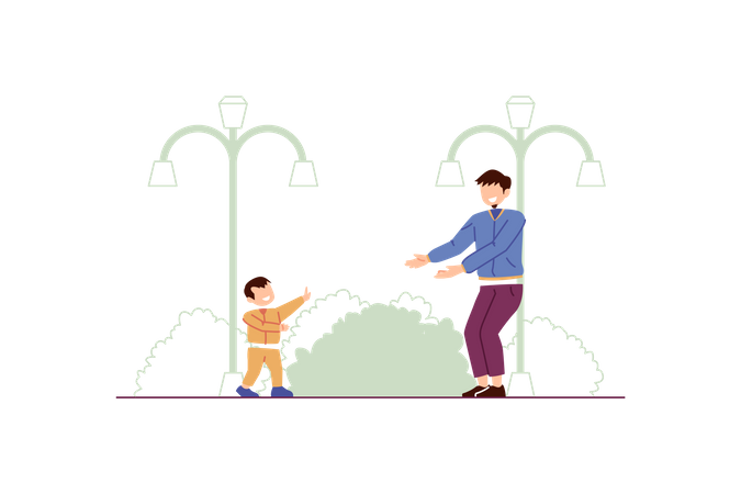 Child learns to walk with father  Illustration