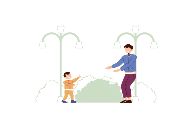 Child learns to walk with father  Illustration