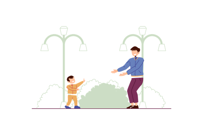 Child learns to walk with father  Illustration