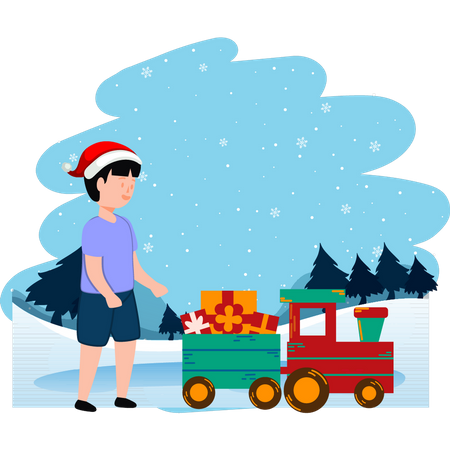 Child looking at gift train  Illustration