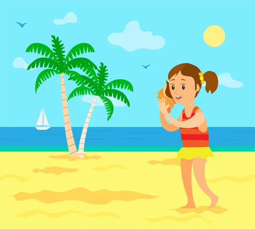 Kid On Summer Vacation Vector Child Listening To Noise In Seashell Girl Wearing Swimming Suit Seascape And Coast With Sailboat On Water Surface Palm Illustration