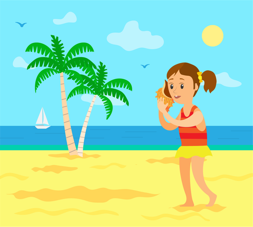 Child on beach listening to seashell  Illustration