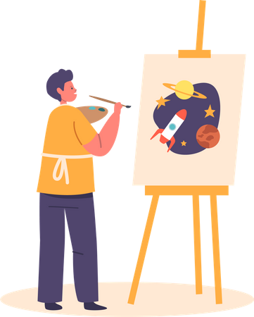 Child Painting Space And Rocket On Easel  Illustration