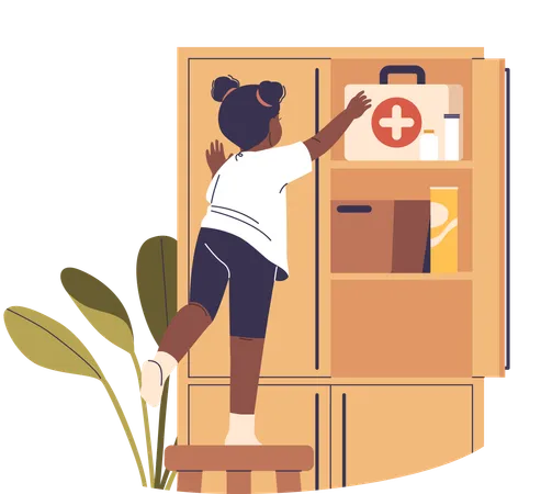 Child Performing Dangerous Action By Climbing On Stool To Reach Medical Supplies In Cabinet  Illustration