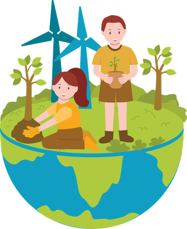 Child planting tree and save earth  Illustration