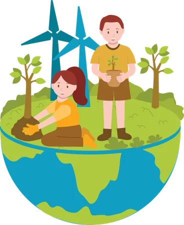 Child planting tree and save earth  Illustration