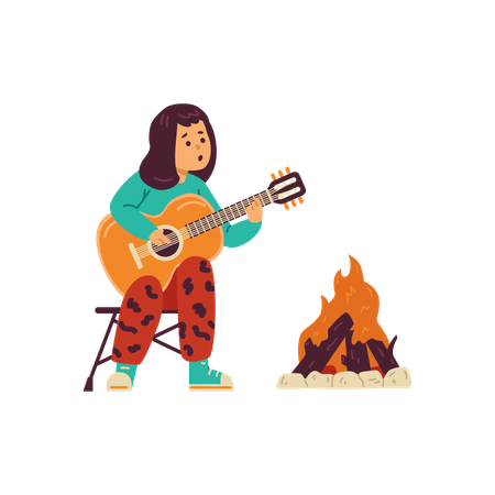 Child playing guitar near bfire at campsite  Illustration